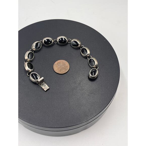 Sterling Silver 925 Vintage Ten Oval Onyx Inlay Linked Bracelet 15.7 Gram, Sz 7 - Picture 7 of 11